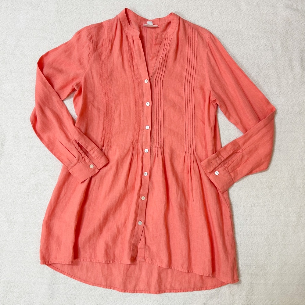 J Jill Love Linen Coral Orange Pintuck Long Sleeve Button Up Tunic XS LagenLook